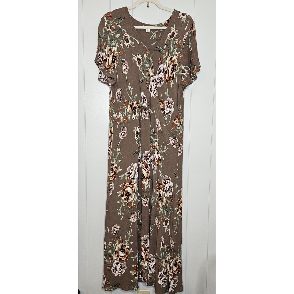 Womens Taupe Floral Maxi Dress with V-Neck